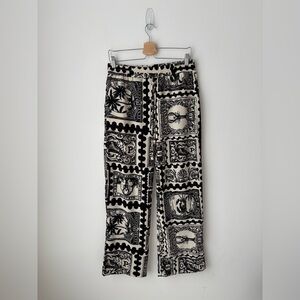 Joie Stamp Print Wide Leg Pants | Black & Cream | Drawstring | Size M